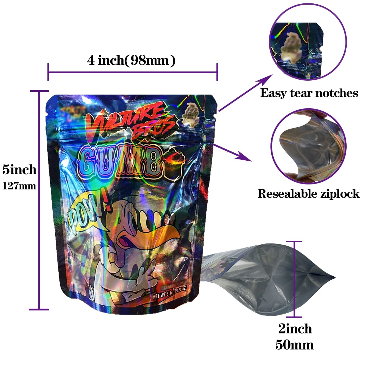 Custom Style Holographic Foil Rainbow Color Pouch Smell Proof Packaging Mylar Bags